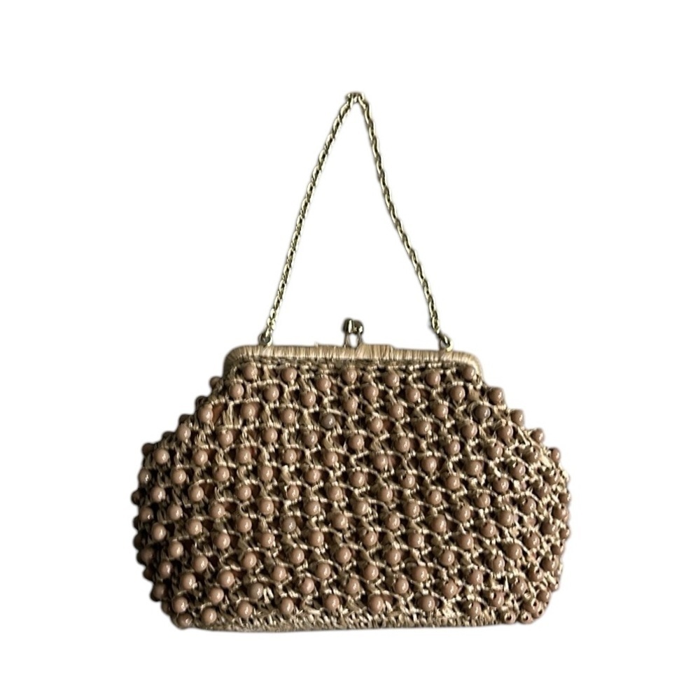 Vintage Beaded Taupe Clutch with Gold Chain Handle